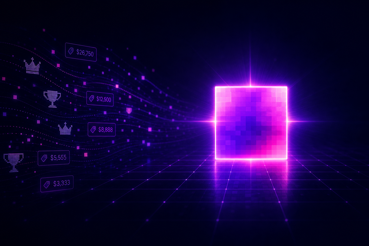Glowing purple pixel on a dark digital grid representing the most expensive pixel